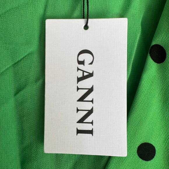Ganni Dress Dainty Georgette Wrap Polka Dot Classic Green Size 42 Versatile - Picture 13 of 15